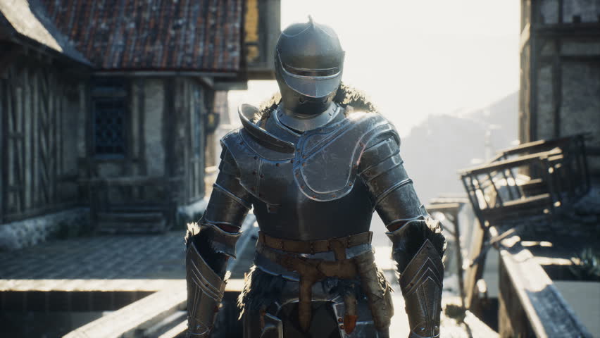 Medieval formidable knight against the background of medieval houses. Historical medieval concept. The animation is for historical, medieval or military backgrounds.