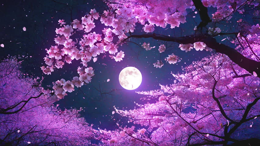 Cherry blossoms at night illuminated by moonlight,full moon,pink,loop,seamless Royalty-Free Stock Footage #1100871221