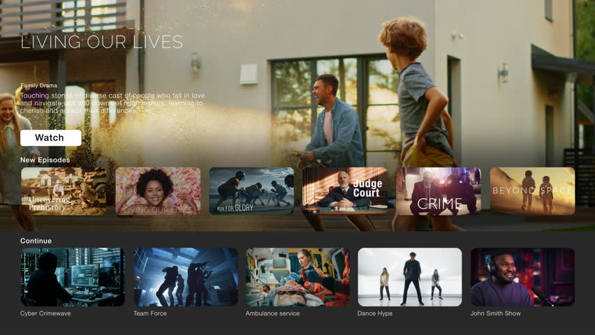 Interface of Streaming Service Website. Online Subscription Offers TV Shows, Realities, Fiction Movies, and Podcasts. Screen Replacement for Desktop PC and Laptops With Featured Family Drama. Royalty-Free Stock Footage #1100871235