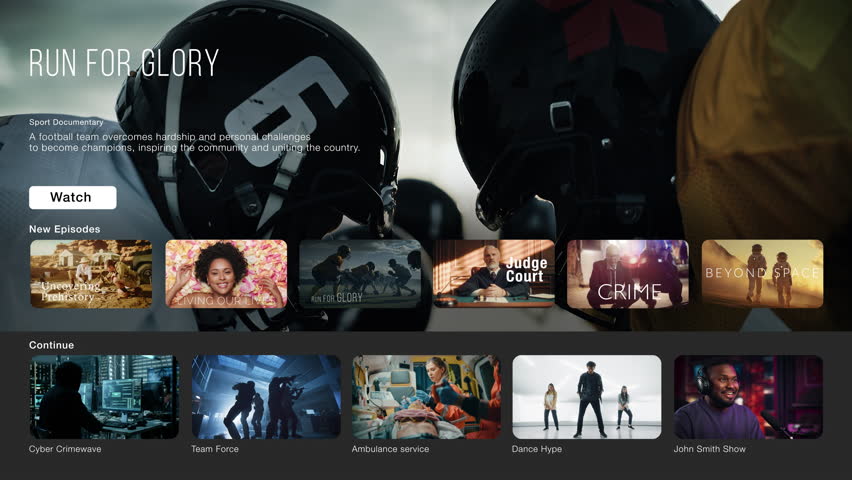 Interface of Streaming Service Website. Online Subscription Offers TV Shows, Realities, and Fiction Films. Screen Replacement for Desktop PC and Laptops With Featured Professional Sports Documentary. Royalty-Free Stock Footage #1100871237