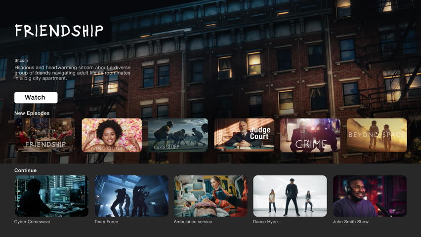 Interface of Streaming Service Website. Online Subscription Offers TV Shows, Realities, and Fiction Films. Screen Replacement for Desktop PC and Laptops With Featured Sitcom Comedy Television Show. | Shutterstock HD Video #1100871239