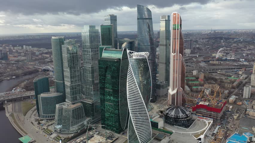 Aerial View Of Modern Glass Office Buildings, Moscow City Royalty-Free Stock Footage #1100871487