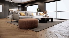Modern style living room interior design and decoration with beige fabric sofa, grey and yellow pillows, black coffee table on grey carpet. 3d rendering 4K animation condominium with balcony view.