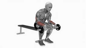 Barbell wrist extension on knees fitness exercise workout animation male muscle highlight demonstration at 4K resolution 60 fps crisp quality for websites, apps, blogs, social media etc.