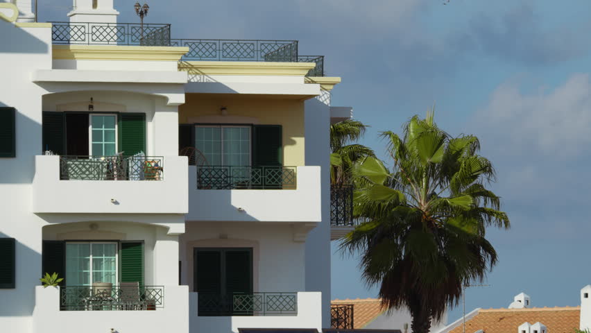 Building with Balconies and Palm Tree in Portugal | Shutterstock HD Video #1100875919