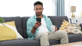 Smartphone, coffee break and relax man on sofa with home wifi for internet social media, networking online or video streaming on mobile app. Gen z guy check text message with espresso drink in lounge