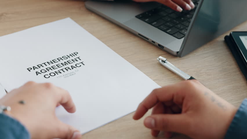 Work contract, employee signature and business person signing partnership deal, writing on legal workplace document and agreement to collaboration. Corporate worker with documents for working in team