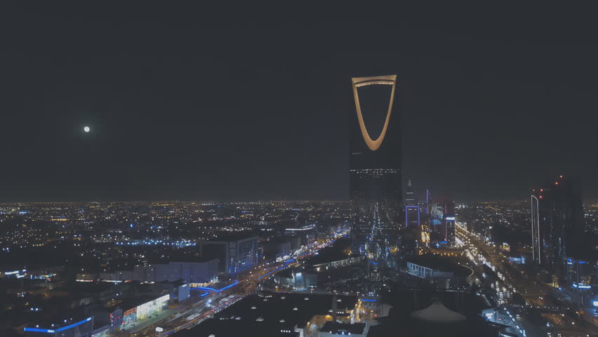 Night aerial view of Riyadh city, Saudi Arabia Royalty-Free Stock Footage #1100878023