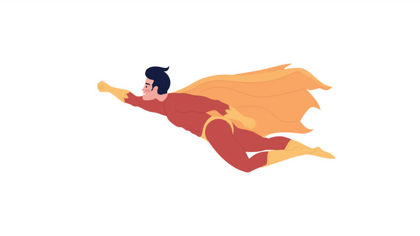 Animated flying hero with cloak. Brave superhero saving world. Man with superpowers. Flat character animation on white background with alpha channel transparency. Color cartoon style 4K video footage Royalty-Free Stock Footage #1100879679