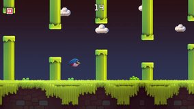 2D fake video game gameplay animation with flying bird theme. Bird game. Fake Game Design for Mobile and Pc. 4K Animation. Flappy bird