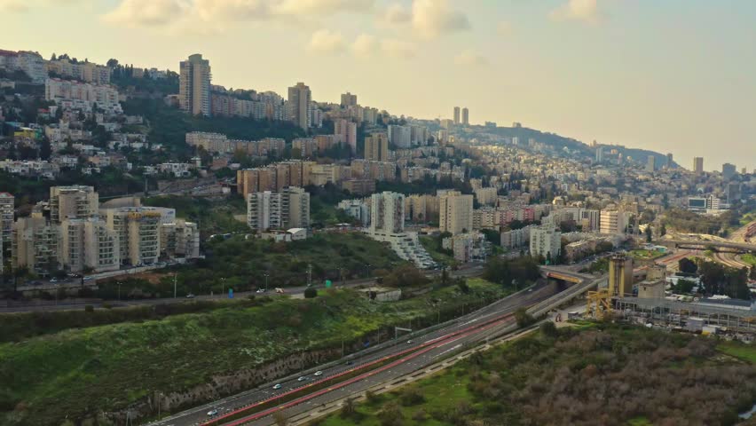 Haifa skyline Carmel panoramic aerial, industrial port, drone view, 4k Israel