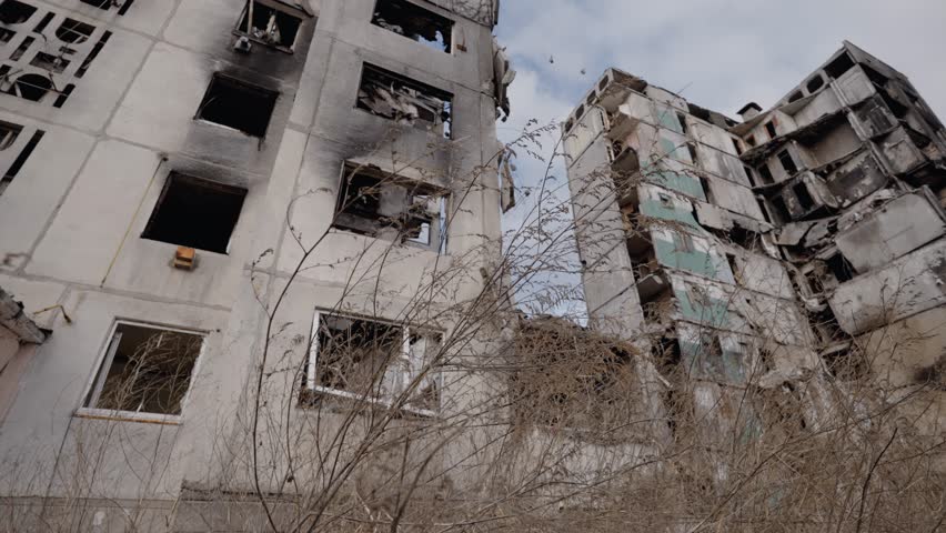 Consequences of the war in Ukraine : ruined multi-storey house