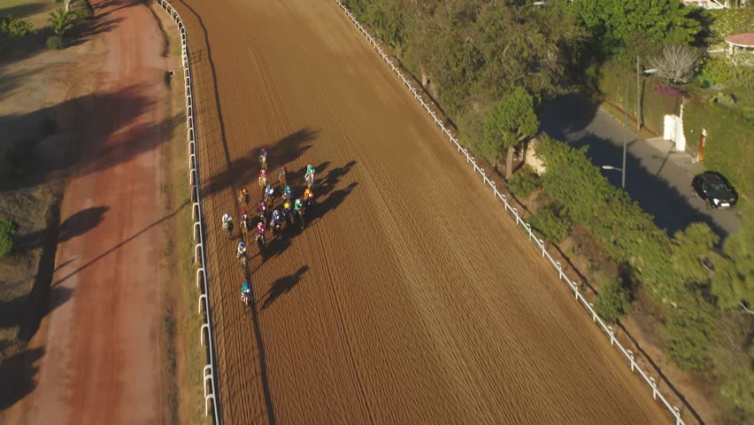 
Aerial shot Horse racing at the racetrack