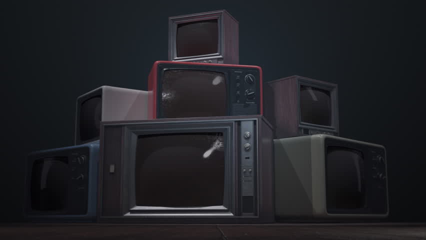 Stack of vintage, retro style TV sets. Analog noise, glitch effect on screens. Turning on, switching off video signal. Lots of old televisions. 3D Render. Green screen alpha mask for video compositing Royalty-Free Stock Footage #1100883835