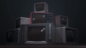 Stack of vintage, retro style TV sets. Analog noise, glitch effect on screens. Turning on, switching off video signal. Lots of old televisions. 3D Render. Green screen alpha mask for video compositing