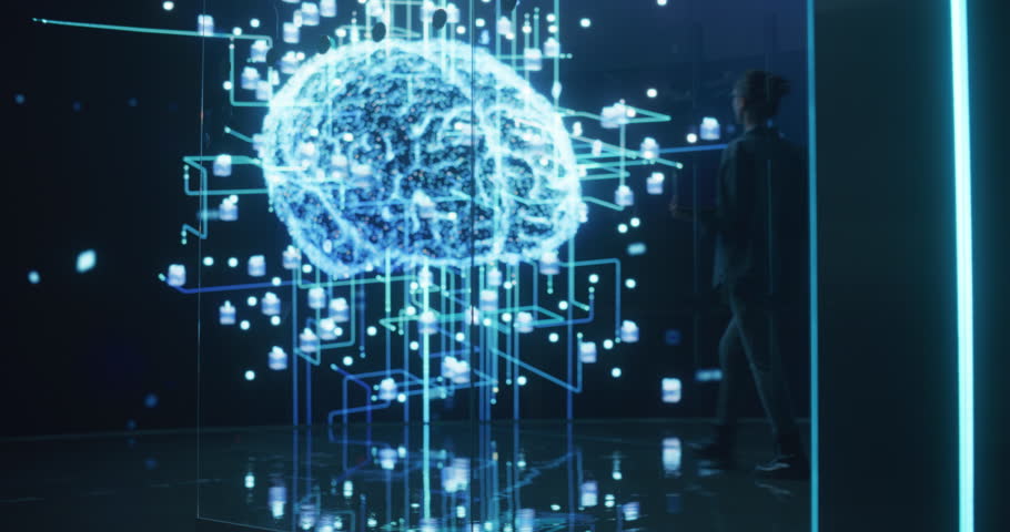 Back View of Young Woman Looking at a Big Screen with Neural Network Visualisation Animation. Professional Computer Data Science Engineer Working in System Control and Monitoring Telecommunications