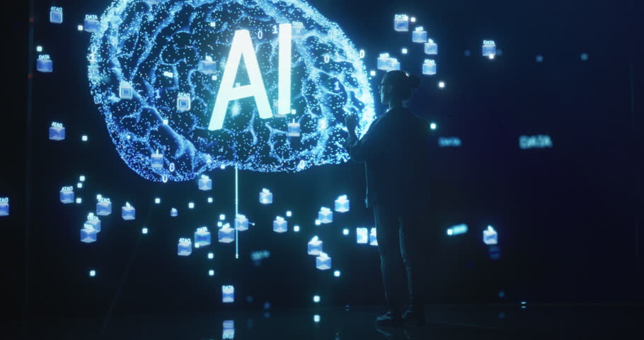 Back View of a Woman Holding Laptop Computer, Standing in Front of Big Digital Screen with AI Neural Network 3D Animation. Professional Data Scientists Activating Artificial Inteligence System Royalty-Free Stock Footage #1100883859
