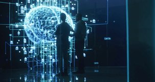 Back View of Two Diverse Colleagues Looking at a Big Screen with Neural Network Visualisation Animation. Professional Computer Data Scientists Discussing and Working on Monitoring Private Information - Powered by Shutterstock - Get 15% off with code: PIKWIZARD15