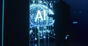 Back View of a Woman Holding Laptop Computer, Walking Towards a Big Digital Screen and Interacting with AI Neural Network 3D Animation. Professional Female Manager Analysing Information in Big Data - Powered by Shutterstock - Get 15% off with code: PIKWIZARD15