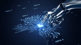 Artificial Intelligence Illustration. Robot Hand Pushing Touch Screen Button, Computer Tracks Form Abstract Digital Brains 3d Animation. Neural Network Creative Generator Work Technology Concept 4k.  - Powered by Shutterstock - Get 15% off with code: PIKWIZARD15