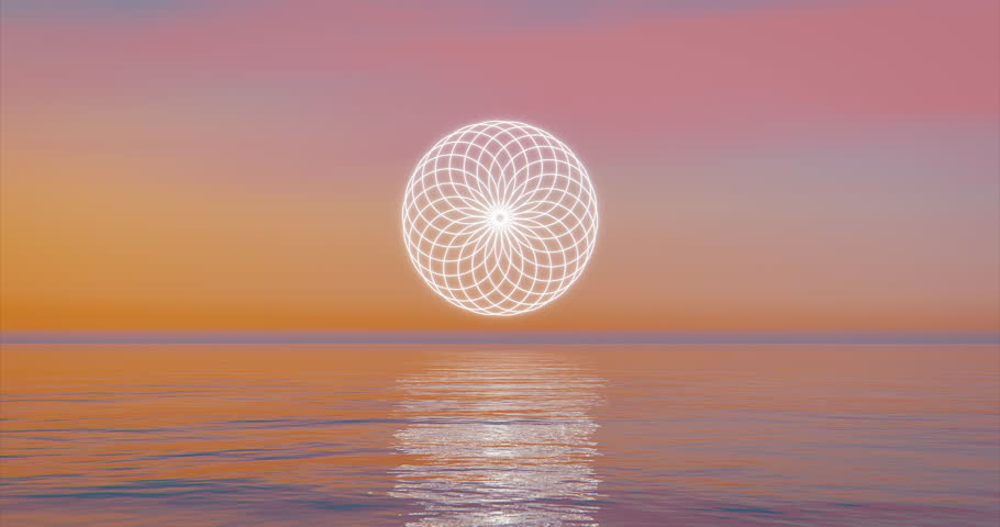 Flower of Life sacred symbol floating over an ocean sunset. 3d Rendering abstract concept of sacred geometry for dreamlike meditation. 3D Illustration Royalty-Free Stock Footage #1100886169