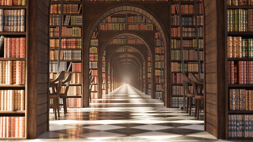 Beautiful, vintage, wooden library interior with countless historic books on shelves. Black and white marble checker floor. Detailed architectural monument filled with knowledge. Looping animation. Royalty-Free Stock Footage #1100888035