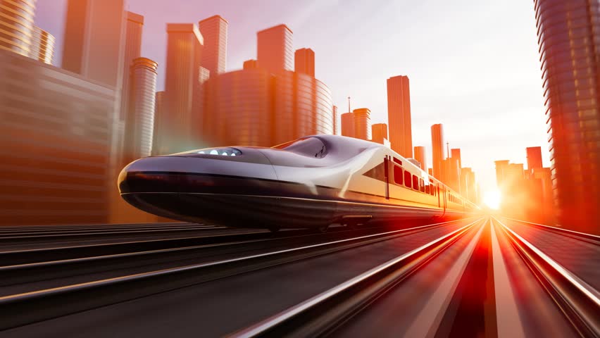 Modern bullet train speeds through a bustling city at sunset. The camera follows the train's movement, Neon red lights contrast against the greenish sky, creating a futuristic feel. Royalty-Free Stock Footage #1100888039