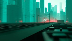 Modern bullet train speeds through a bustling city at sunset. The camera follows the train's movement, Neon red lights contrast against the greenish sky, creating a futuristic feel. - Powered by Shutterstock - Get 15% off with code: PIKWIZARD15