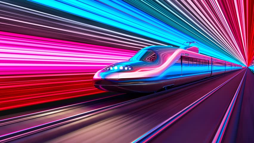 The high-speed train blazes through the neon-lit futuristic background, its sleek design and aerodynamic curves reflecting the glowing hues of the neon lights. Futuristic Sci-fi bullet train. 4k HD - Powered by Shutterstock - Get 15% off with code: PIKWIZARD15