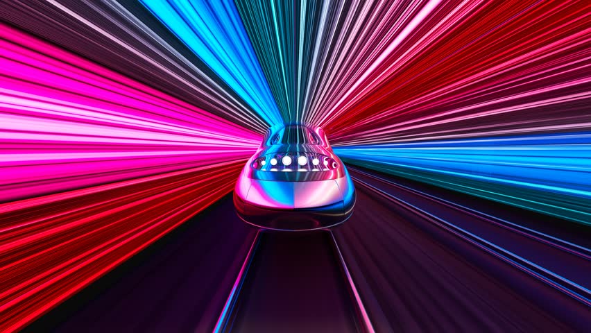 The high-speed train blazes through the neon-lit futuristic background, its sleek design and aerodynamic curves reflecting the glowing hues of the neon lights. Futuristic Sci-fi bullet train. 4k HD - Powered by Shutterstock - Get 15% off with code: PIKWIZARD15