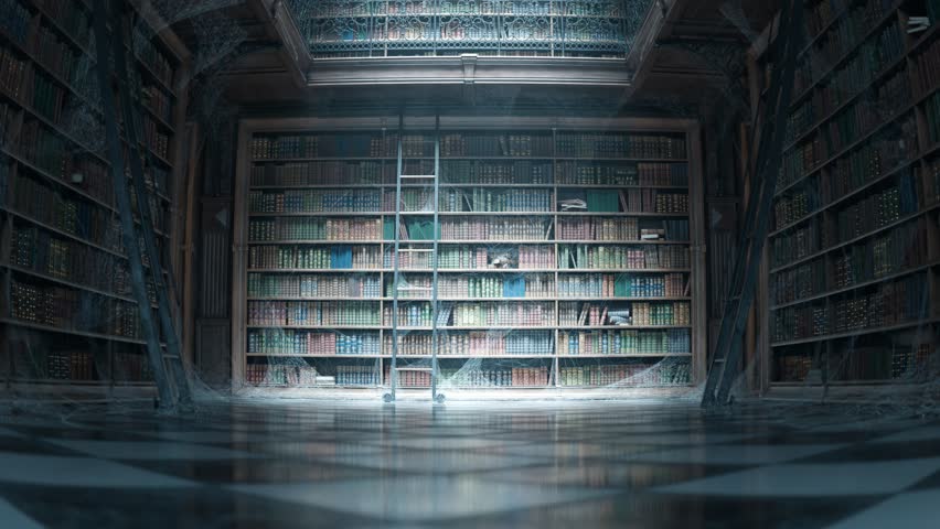 An old classical library with shelves full of beautiful books. A ladder leans against a large bookcase covered in spiderwebs and dust. The camera slowly moves through the scene. Royalty-Free Stock Footage #1100888075