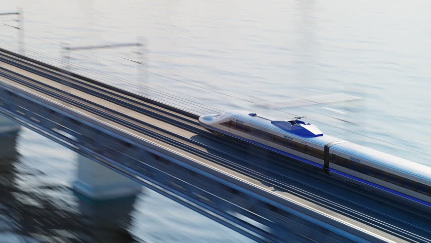 A fast modern train rushing over a bridge built over the sea. The camera captures the train from a bird's-eye view as it moves at great speed. In the background, the sea shimmers under the bright sun. Royalty-Free Stock Footage #1100888085
