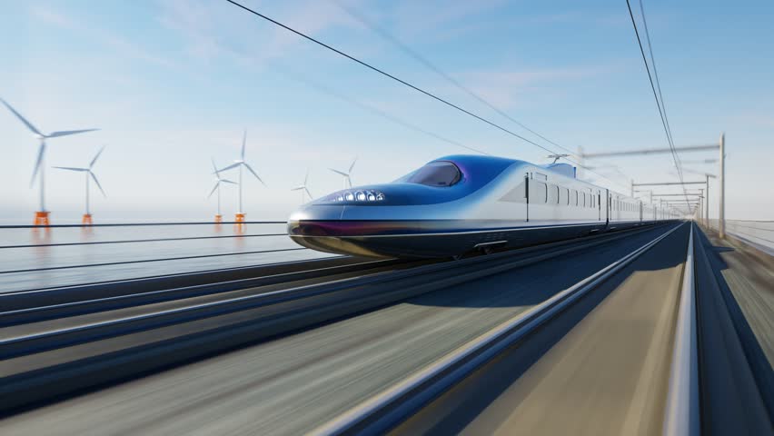 A fast, modern train moves quickly across a bridge over water. In the background, wind turbines can be seen spinning. The camera is positioned in front of the train, following its direction . Royalty-Free Stock Footage #1100888093