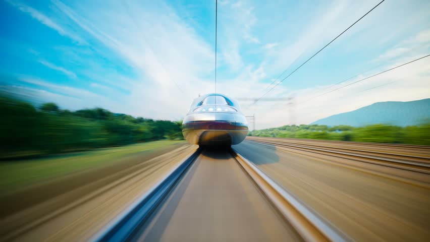 A fast modern train rushing through a mountainous landscape, moving with great speed. Shot from the front. Sunny day with plenty of trees and bushes being passed by the train.