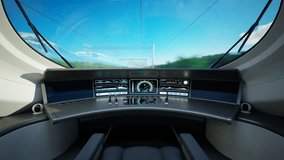 Interior view of a modern train operator's cabin with a large window providing a view of the passing trees and tracks, and a high-tech display with various indicators of the train's operation. - Powered by Shutterstock - Get 15% off with code: PIKWIZARD15