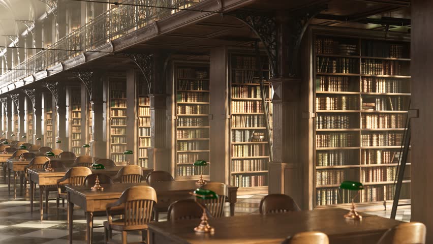 Beautiful, vintage, wooden library interior with countless historic books on shelves. Iconic green ceramic lamps on old desks. Detailed architectural monument filled with knowledge. Looping animation. Royalty-Free Stock Footage #1100888111