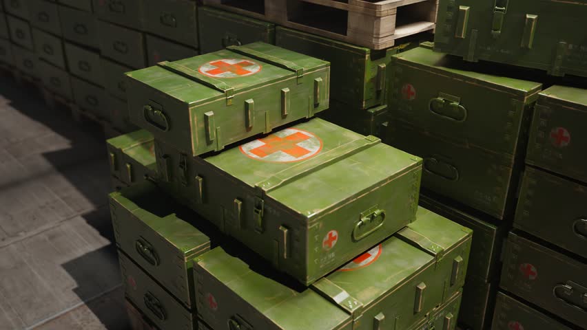 Several green boxes with a red cross on top are stacked on top of wooden pallets. Some boxes are highlighted by a bright light in the middle. The boxes contain medical supplies for military purposes. Royalty-Free Stock Footage #1100888149