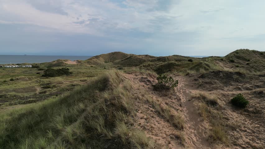 Aerial Flyover Sand Dunes and Grass Stokmilen, Skagen, Denmark