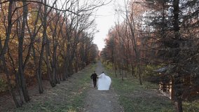 The bride and groom are walking in the autumn forest, video shooting from a bird's eye view on a drone. On the day of the wedding, a young couple walks in a picturesque place of aerial video shooting.