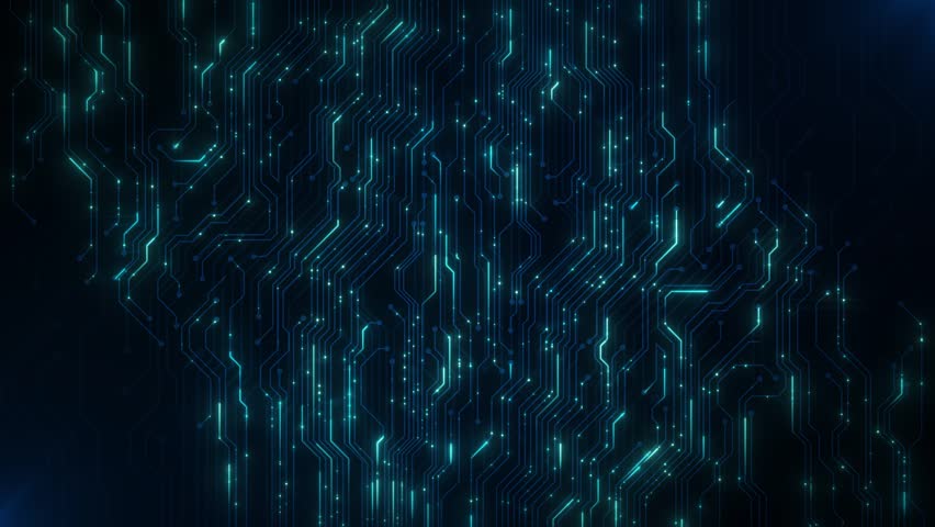 Digital Data moving on Circuit Board and CPU loop backgrounds. Computer Processing and organizing data. Abstract high tech Artificial intelligence (AI), data mining, modern computer technology surface