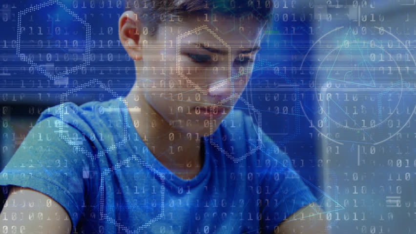Animation of chemical formulas and binary code over hands of caucasian boy using laptop. Computers, programming, data processing and technology concept digitally generated video. - Powered by Shutterstock - Get 15% off with code: PIKWIZARD15