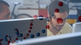Animation of dna rotating over caucasian man working with computer in office. Science, human biology and technology concept digitally generated video.