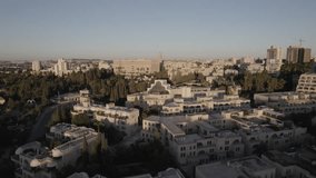 Aerial video over the city of Jerusalem at sunset