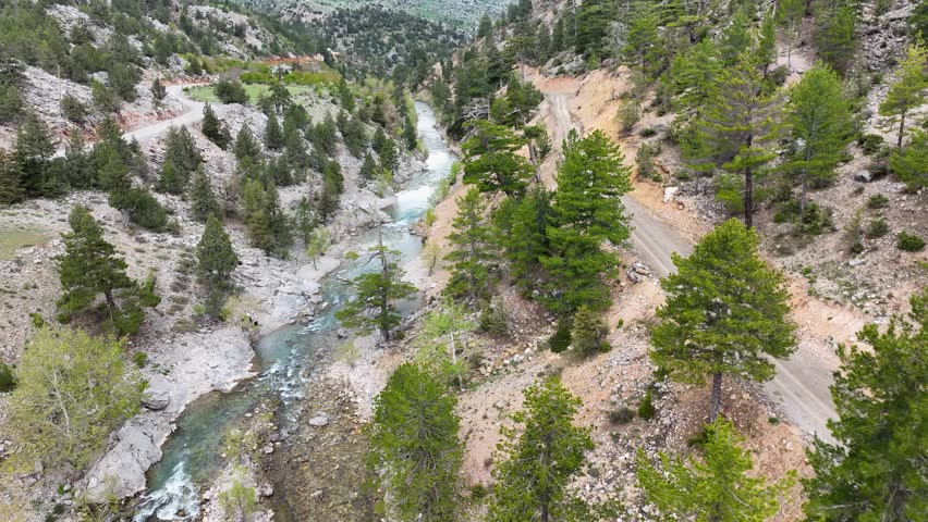 Mountain river high in the mountains aerial view 4 K