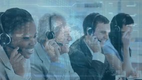 Binary coding data processing against team of customer care executives working at office. Business technology concept - Powered by Shutterstock - Get 15% off with code: PIKWIZARD15