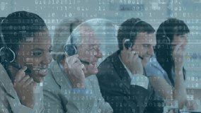 Binary coding data processing against team of customer care executives working at office. Business technology concept - Powered by Shutterstock - Get 15% off with code: PIKWIZARD15