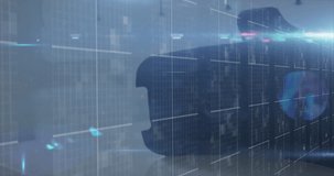 Animation of digital data processing and digital interface over person using vr headset. Global data processing concept digital generated video. - Powered by Shutterstock - Get 15% off with code: PIKWIZARD15