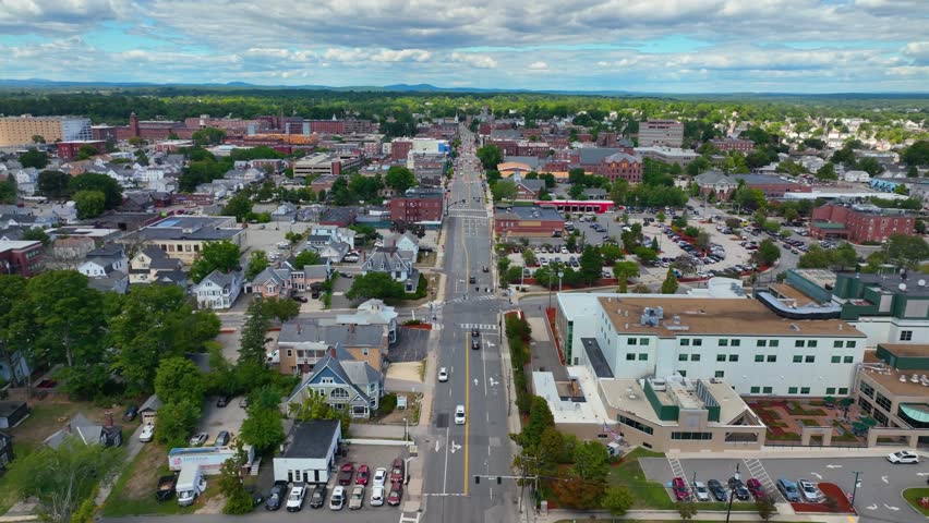 Nashua historic downtown aerial view on Main Street including City Hall and commercial center in city of Nashua, New Hampshire NH, USA.