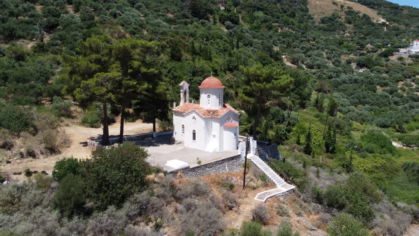 Church of Agios Panton in Topolia, Crete, Greece - aerial view in mountains