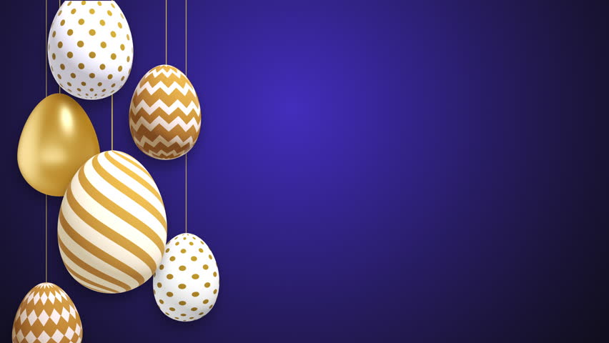 Golden Easter eggs on strings swaying in the wind. Festive blue background. looped spring 3D animation on Christian theme. Empty copy space for text. Royalty-Free Stock Footage #1100908567